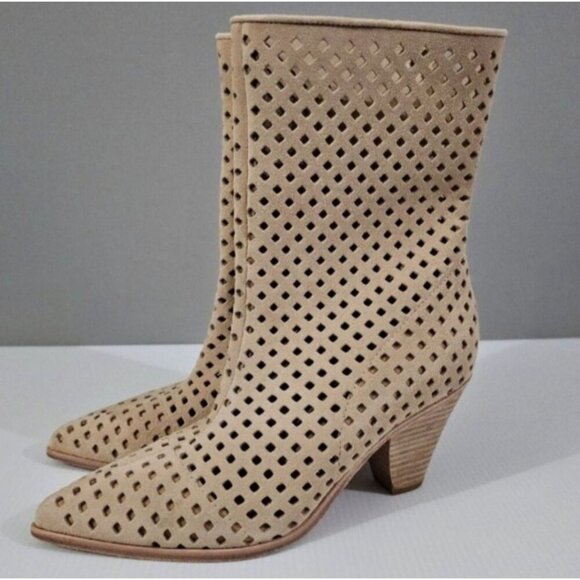NEW Paige Layla Mid Calf Boot Womens 7 Tan Suede Perforated Pointed Toe Heeled - Picture 12 of 12